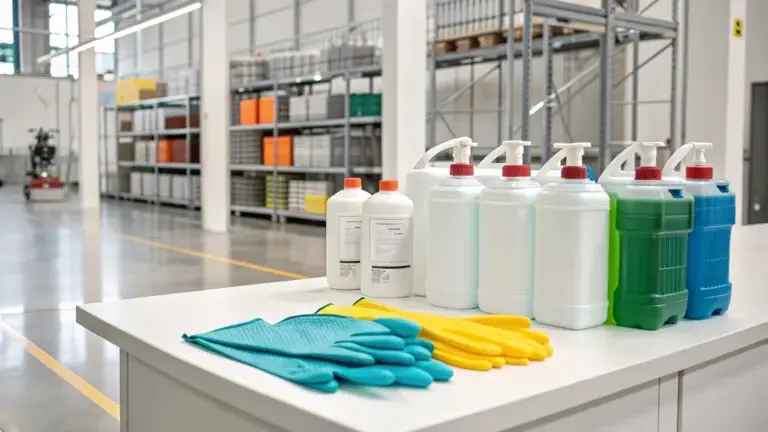 Professional chemical cleaning supplies, including industrial bottles and safety equipment, arranged neatly.