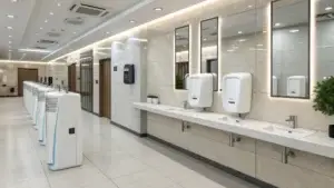 Modern washroom hygiene products, including soap dispensers and paper towel holders in a clean public restroom.