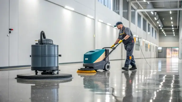 Industrial cleaning machines like a floor scrubber and vacuum cleaner on a polished floor.