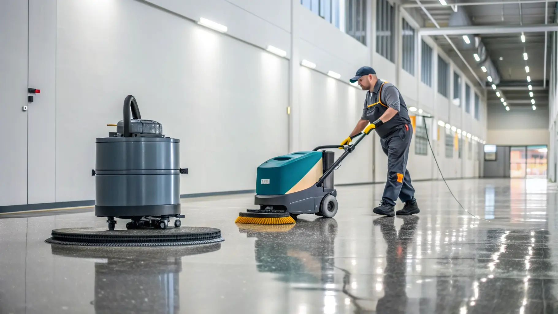 Industrial cleaning machines like a floor scrubber and vacuum cleaner on a polished floor.