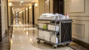 Housekeeping trolley fully stocked with towels, linens, and cleaning supplies in a hotel hallway.