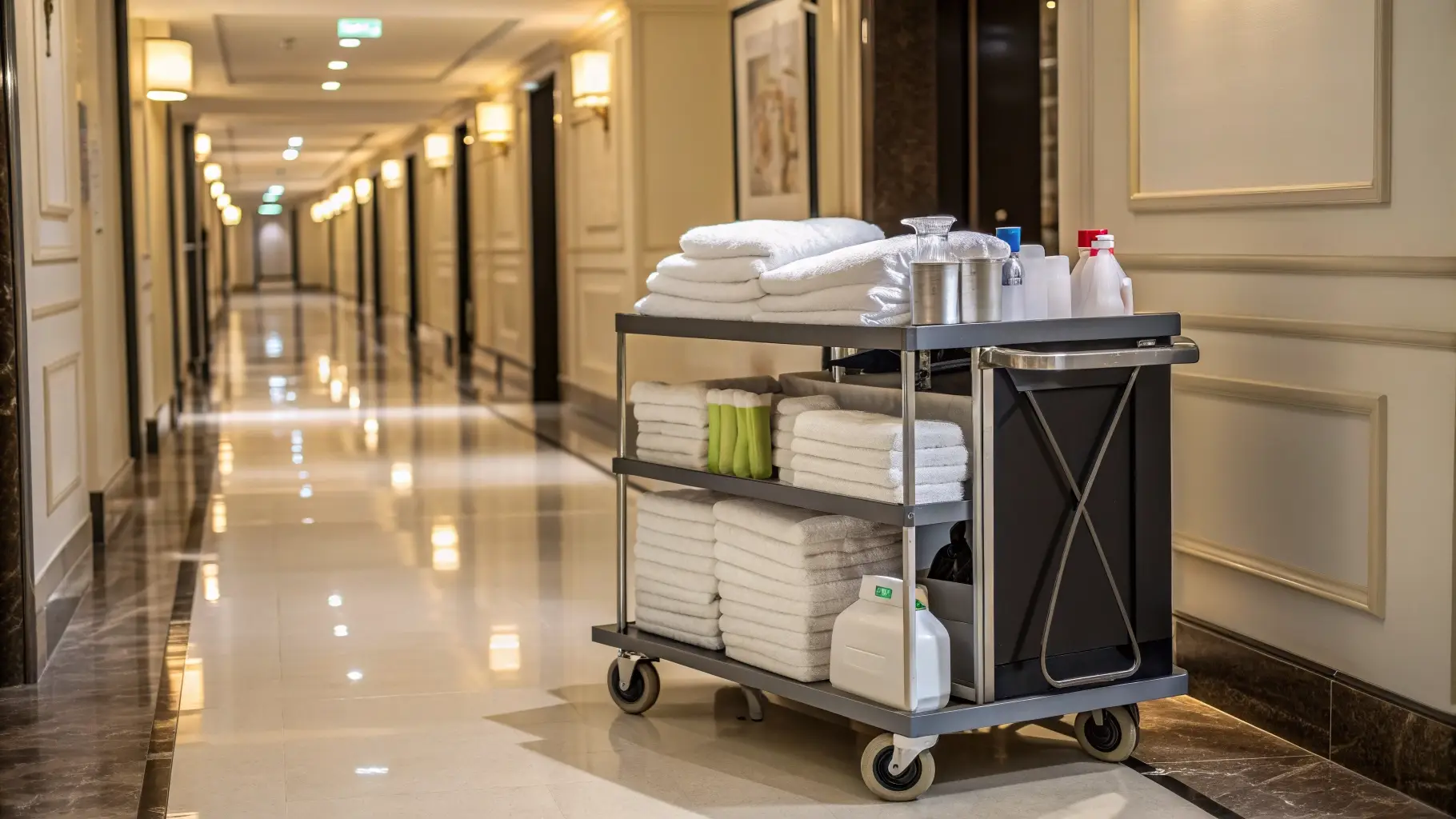 Housekeeping trolley fully stocked with towels, linens, and cleaning supplies in a hotel hallway.