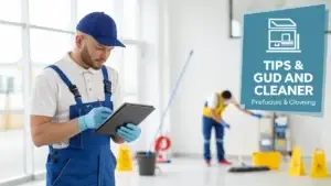 A person in professional cleaning uniform using a tablet to read a guide, with cleaning tools in the background.