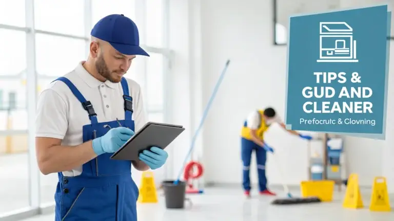 A person in professional cleaning uniform using a tablet to read a guide, with cleaning tools in the background.