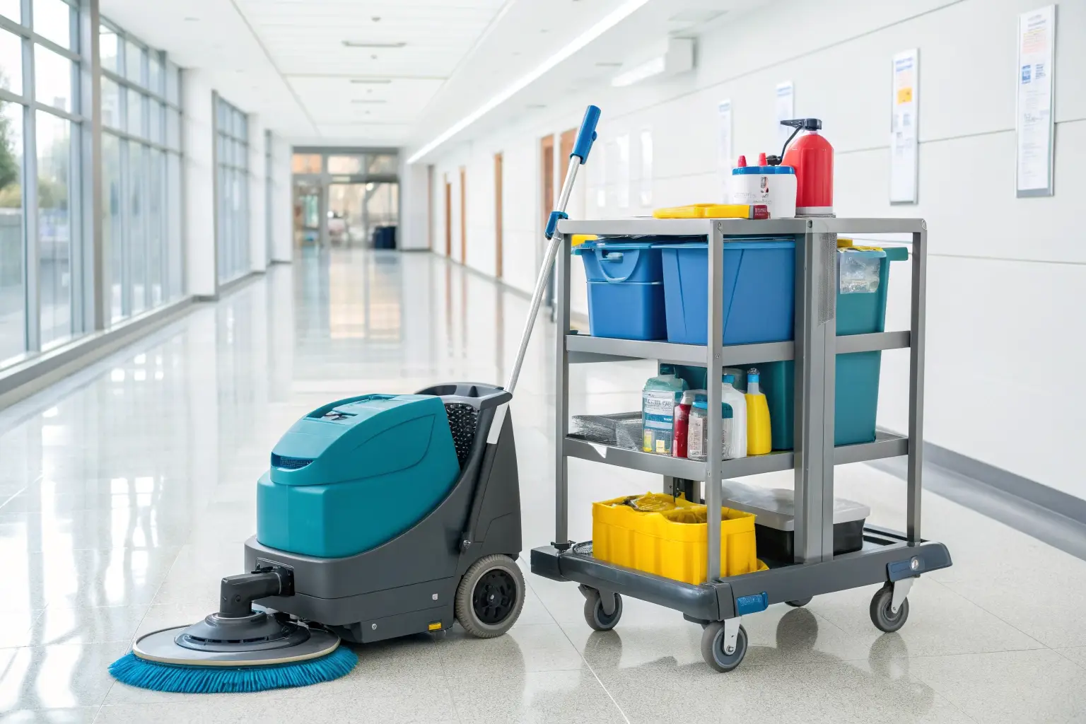 Professional cleaning equipment for hotels and hospitals including floor scrubbers and housekeeping trolleys